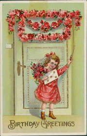 Girl Holding Envelop, Decorated Door - Early 1900's Birthday Postcard