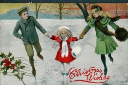 3 Kids Ice Skating - Early 1900's Christmas XMAS Postcard