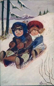 2 Kids on Toboggan Sled, Snow Scene - C. A. Beaty Signed Postcard