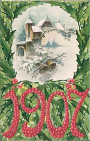 Year 1907, Snow Scene, Bells - Embossed New Year Postcard