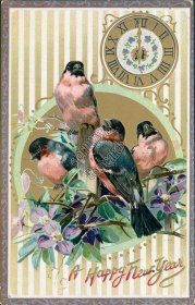 Birds, Clock - Early 1900's New Year's Day - TUCK New Year Postcard
