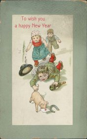 Kids, Champagne Bottle, Chasing Pig- Early 1900's Embossed New Year Postcard