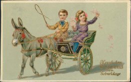 Boy, Girl, Mule Drawn Cart - Early 1900's German Birthday Postcard