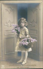 Girl, Flower Basket, Real Photo RP Hand Colored German Birthday 1913 Postcard