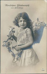 Girl, Flower Basket Backpack - Early 1900's RP German Birthday Postcard