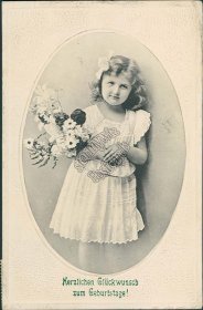 Girl Holding Flowers - Early 1900's German Birthday Postcard