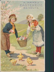 Dutch Kids, Egg Basket, Doll - 1909 Embossed Easter Postcard