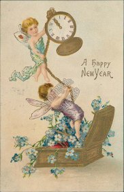 Cherubs, Pocket Watch - Early 1900's Embossed New Year Postcard