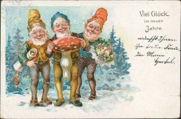 3 Elves, Mushroom, Scroll - Early 1900's German New Year Postcard