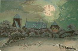 Nigh Snow Scene, Clock in Clouds - Early 1900's German New Year Postcard