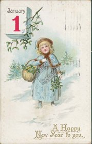Girl, Snow Scene, January 1 Calendar - 1912 New Year Postcard