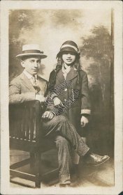Man & Girl Posing on Bench - Early 1900's Real Photo RP Postcard