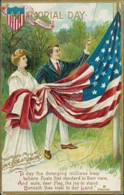 Couple, Raising US Flag, Reveille, Memorial Day -1909 Patriotic Postcard