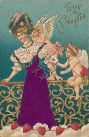 Cherub Whispering in Woman's Ear - 1909 Silk Dress Valentines Day Postcard