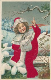 Girl Dressed as Santa - Early 1900's Embossed Silk Christmas XMAS Postcard
