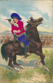 Cowboy Shooting Revolver Gun, Horse - Early 1900's Silk Postcard