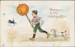 Dog, Boy w/ JOL on Stick - Early 1900's Halloween Postcard
