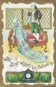 Victorian Couple, Green Pumpkins - Early 1900's Halloween Postcard
