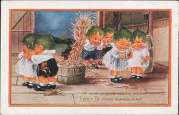 Green Hair Kid, Red Ear of Corn, Black Cat, Moon - Early 1900's Postcard