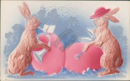 Dressed Bunnies, Playing French Horn, Drum Musical Instruments - Easter Postcard