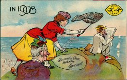 Woman Catching Man w/ Fishing Net - In 1908 - Leap Year Postcard