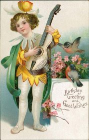 Flower Dressed Girl Playing Guitar - Early 1900's Embossed Birthday Postcard