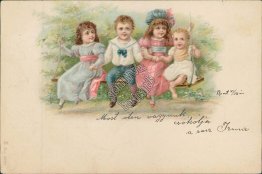 Boy, 3 Girls on Swing Set - Early 1900's Postcard, Budapest Stamp