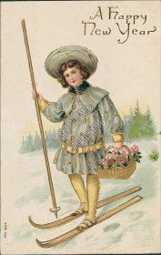 Girl Skiing - Early 1900's Embossed New Year Postcard
