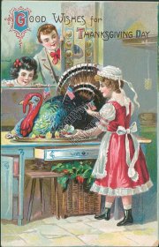 Woman, Kids, Turkey w/ US Flags on Kitchen Table, Thanksgiving 1910 Postcard