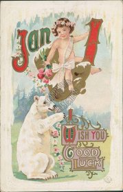 Polar Bear, Wishing You Good Luck - Early 1900's New Year Postcard