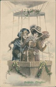 Women in Hot Air Balloon, Pfingsten, Pentecost 1909 A. Waldemar Signed Postcard