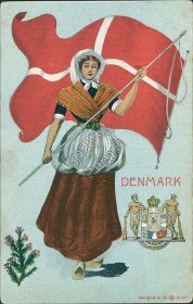 Woman Holding Denmark Flag, Coat of Arms - Early 1900's Postcard