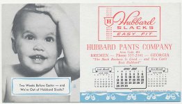 Hubbard Pants Company, Bremen, GA Georgia 1968 Calendar Advertisement