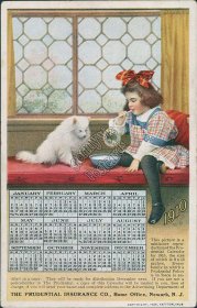 Girl, Cat, Presidential Insurance, 1910 Calendar, Newark NJ Advertising Postcard