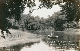 Boys in Canoe, James River, Anton Klaus Park, Jamestown, ND 1932 RP Postcard
