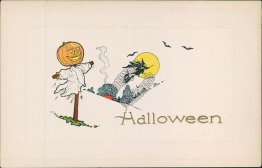 Jack O' Lantern Scraecrow, Witch Gibson Art Co. Halloween Early 1900's Postcard