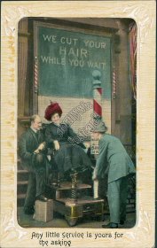 Shoe Shining, We Cut Your Hair While You Wait, Wateska, IL 1911 Postcard