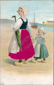 Dutch Mother & Child Early 1900's Embossed Silk Dress Postcard, Amsterdam Cancel