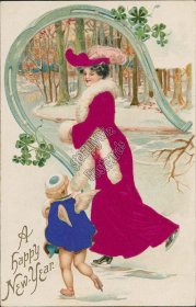 Cherub, Woman Ice Skating, Silk Clothes Early 1900's New Year Embossed Postcard