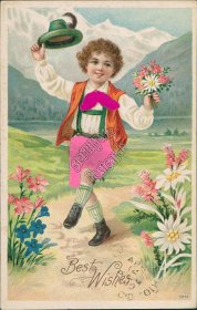 Boy in Silk Outfit, Green Hat - Best Wishes - Early 1900's Embossed Postcard