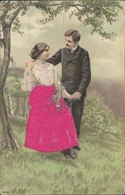 Couple, Woman on Swing w/ Silk Dress - 1908 Embossed Lovers Romance Postcard