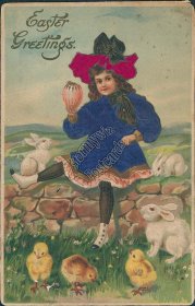 Girl in Silk Blue Dress, Bunnies, Chicks - Early 1900's Embossed Easter Postcard
