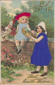 2 Girl, SILK Dresses, Egg Basket, Chicken Early 1900's Embosssed Easter Postcard