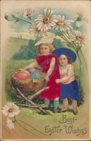 2 Girl, SILK Dresses, Egg Basket - 1908 Embosssed Easter Postcard
