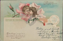 Flower Kids Kissing - Gruss Aus, Budapest, Hungary 1899 Postcard