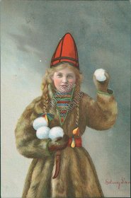 Norwegian, Girl in Fur Coat Holding Snow Balls, Norway Solveig Lund Postcard