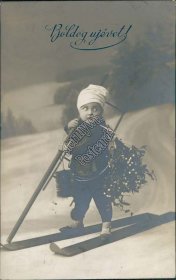 Hungarian Boy on Skis, Skiing, Hugary New Year - Early Real Photo RP Postcard