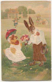 Dressed Bunny Handing Flowers to Dressed Chick - Early 1900's Easter Postcard