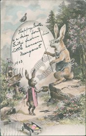 Dressed Bunny Painting Easter - Early 1900's German Easter Postcard