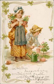 2 Girls Gardening, Planting Flowers - TUCK Frances Brundage Pre-1907 Postcard